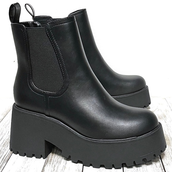 New Black Chelsea Lug Platform Ankle Boots Booties - Picture 4 of 6